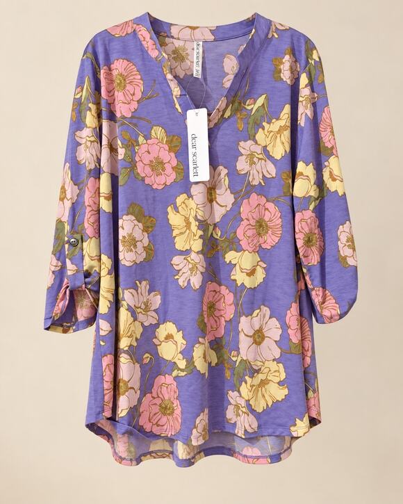 Tops - Dear Scarlett Floral Tunic Top Womens XL Purple Pink Roll Tab Sleeve NWOT